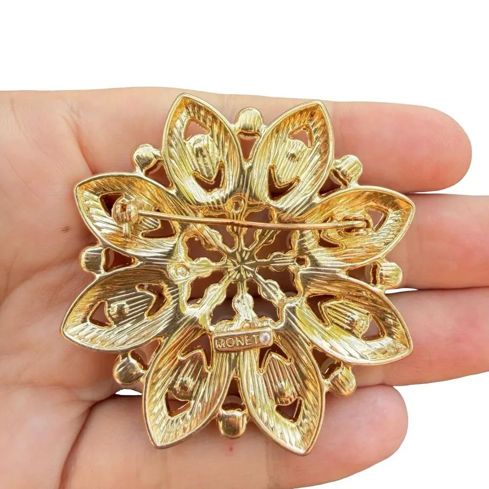 Monet Snowflake Brooch: Gold-Tone Crystal Pearl Holiday Pin Rhinestone Snowflak